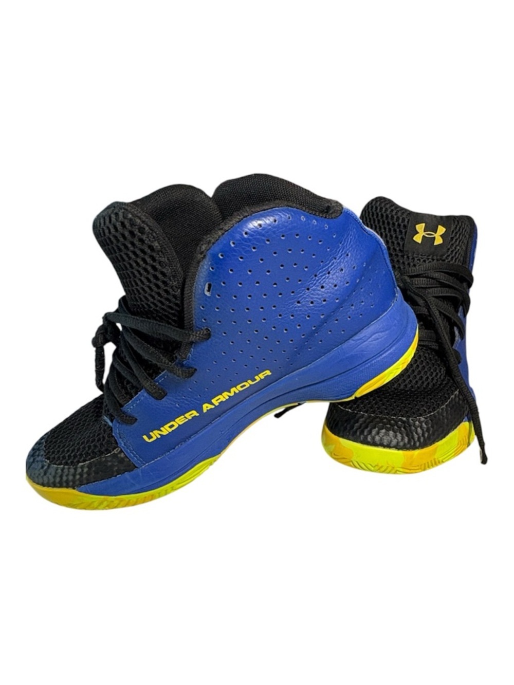 Under Armour Youths Blue, Black and Yellow High-Top Sneakers. US 5Y.